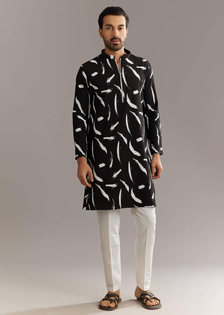 Black Silk Kurta Set With Abstract Prints
