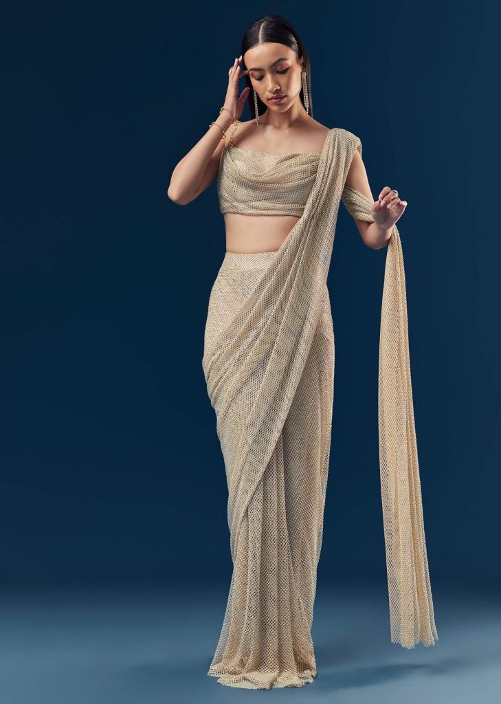 Gold And Beige Satin Ready Pleated Saree With Stone Detail Work