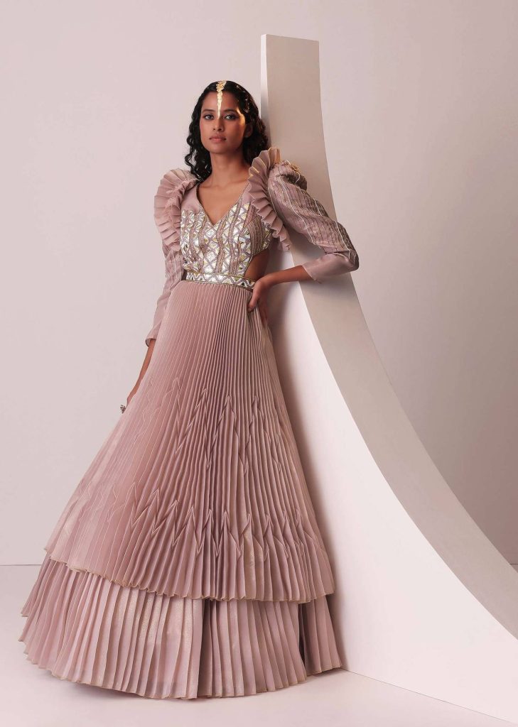 Mauve Pink Tiered Embroidered Gown In Organza With Frill Shoulder-Tops

