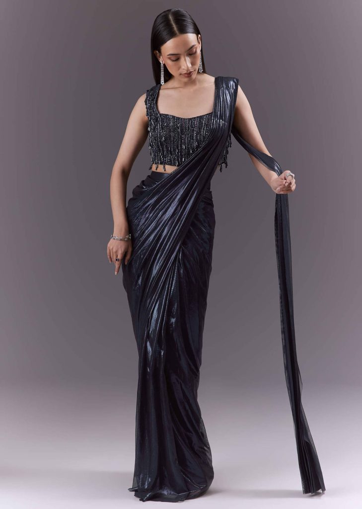 Navy Blue Imported Fabric Ready Pleated Saree With Heavy Embroidery