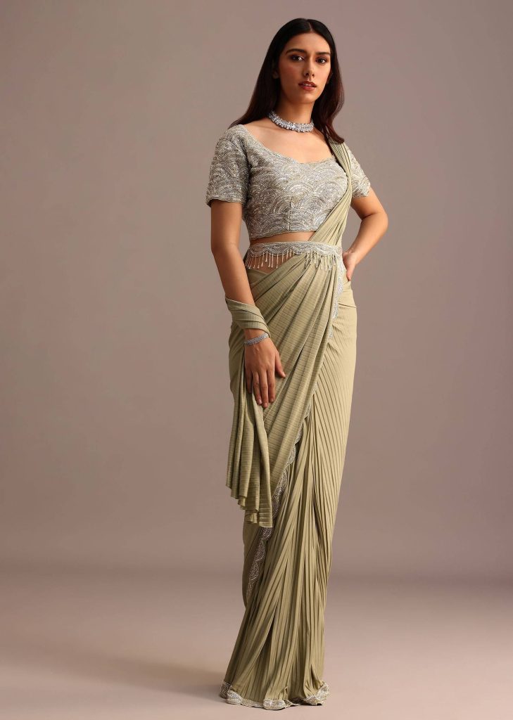 Pista Green Pre Draped Saree With Embroidered Blouse And Belt

