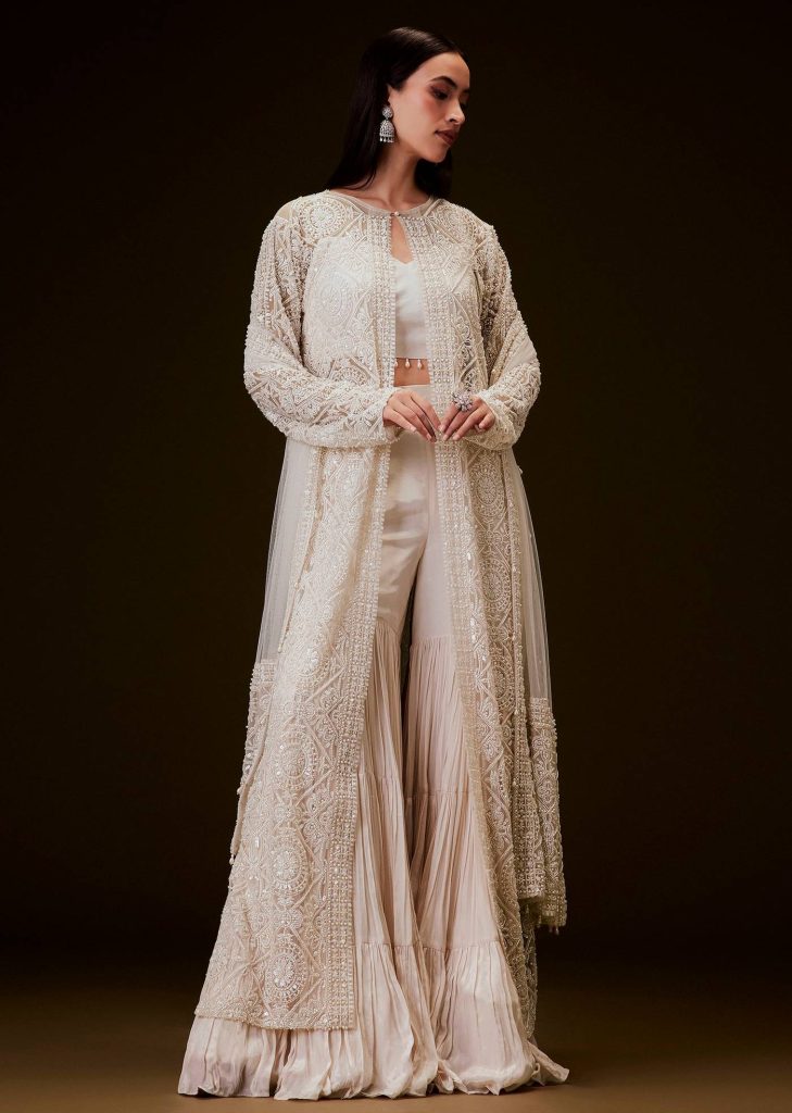 Peach Sharara Set With Sequence Embroidered Long Jacket

