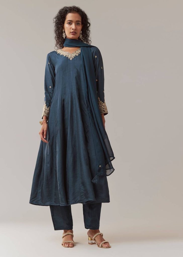 Navy Blue Silk Embellished Anarkali Set