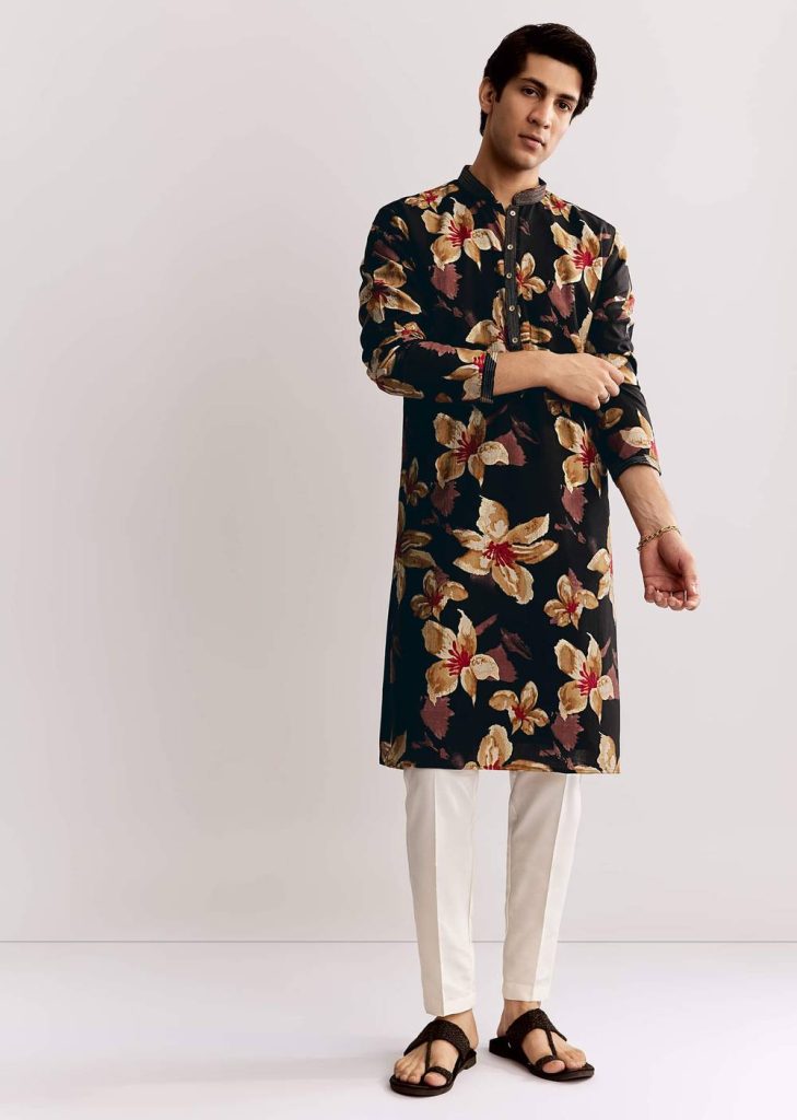 Black Silk Kurta Set With Floral Print