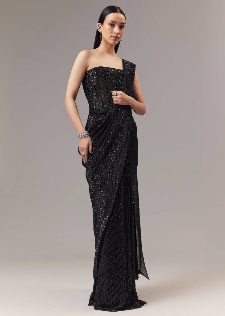 Black Ready Pleated Indo Western Shimmer Saree With Sequin Corset Blouse