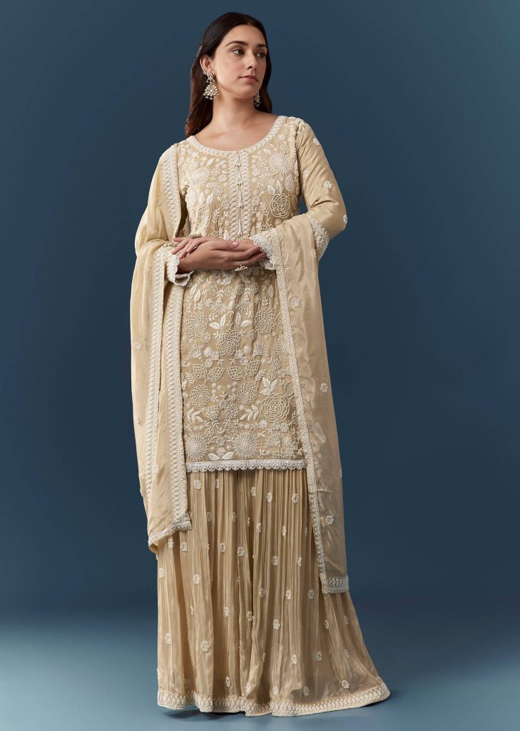 Beige Silk Resham Work Kurta Sharara Set

