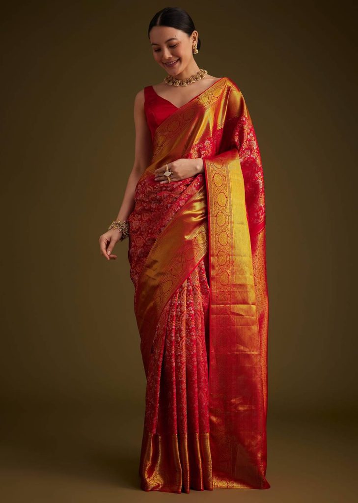 Red Kanjivaram Silk Saree With Golden Zari Detailing