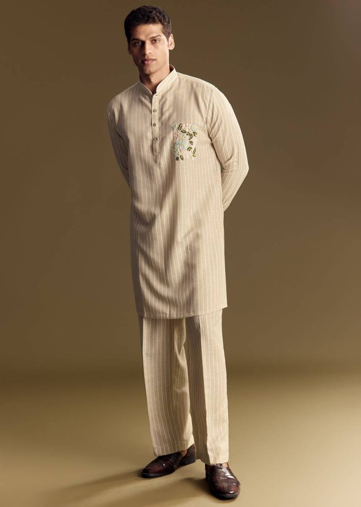 Beige Linen Kurta Set With Delicate Hand Embroidery