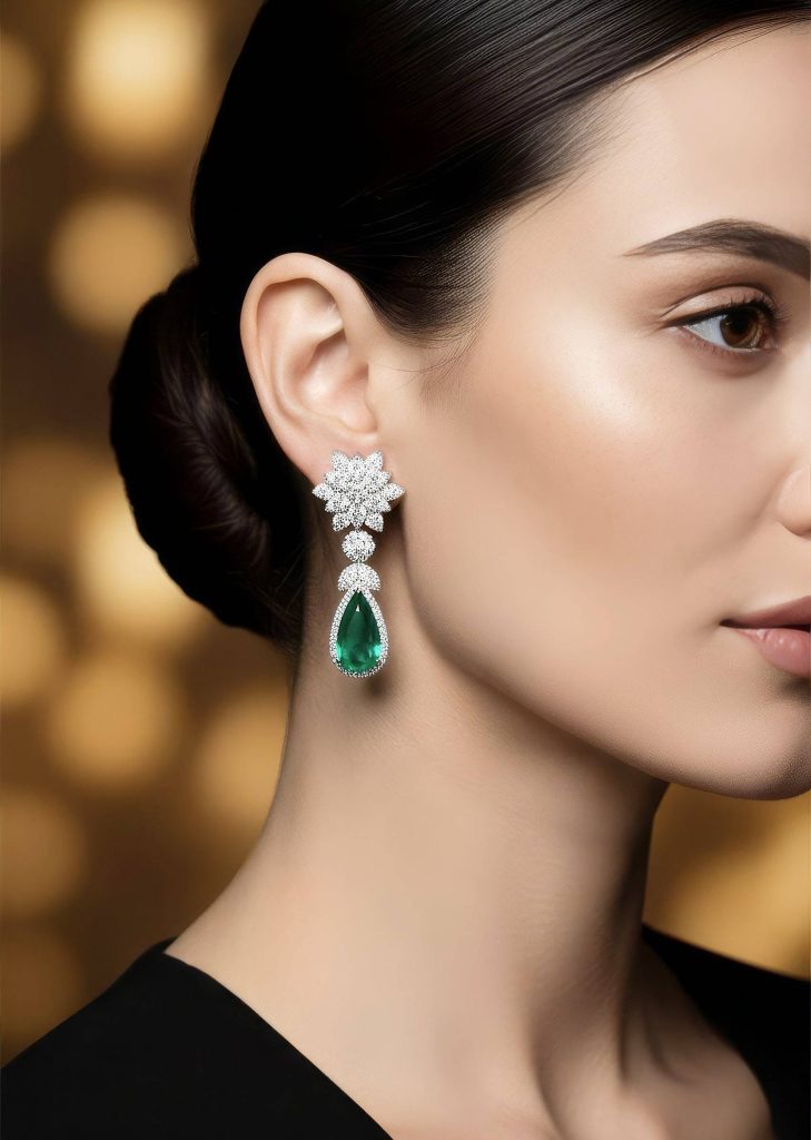 Silver Finish Pendant Earrings In Mix Metal With Green Emerald Drop

