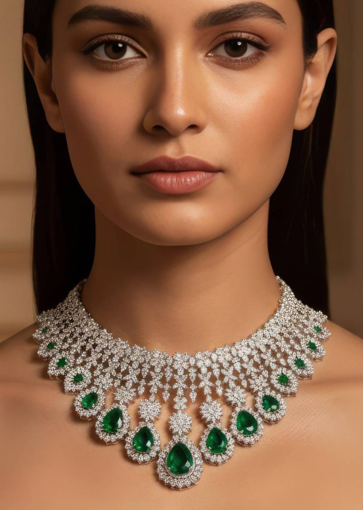 Green Rhodium Plated Cz Diamond Necklace Set with Anti Tarnish Finish

