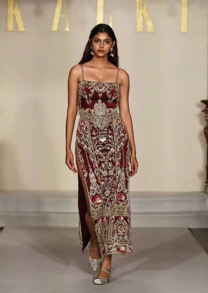 Maroon Satin Bridal Gown With Zardosi And Sequins Embroidery

