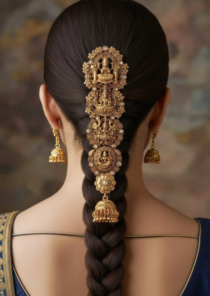Gold Finish Hair Pin With Temple Style Motifs