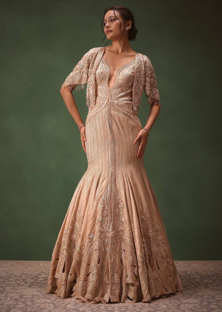 Pink Tissue Cutdana Fishcut Lehenga With Cape And Jacket

