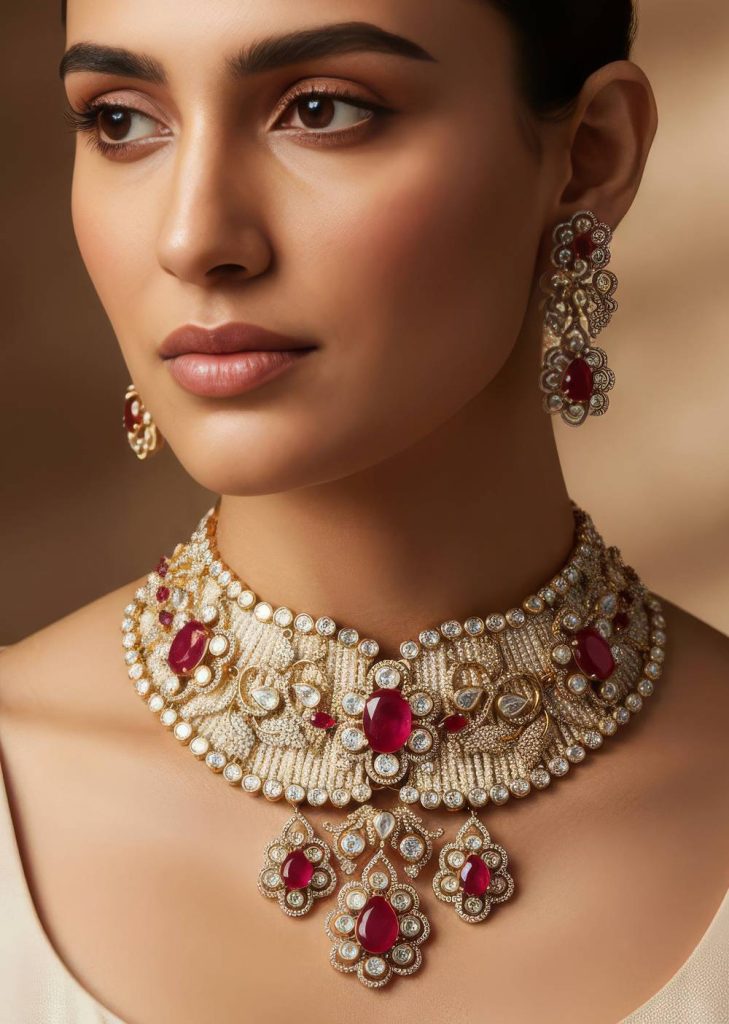 Gold Finish Jewellery Set In Kundan Polki