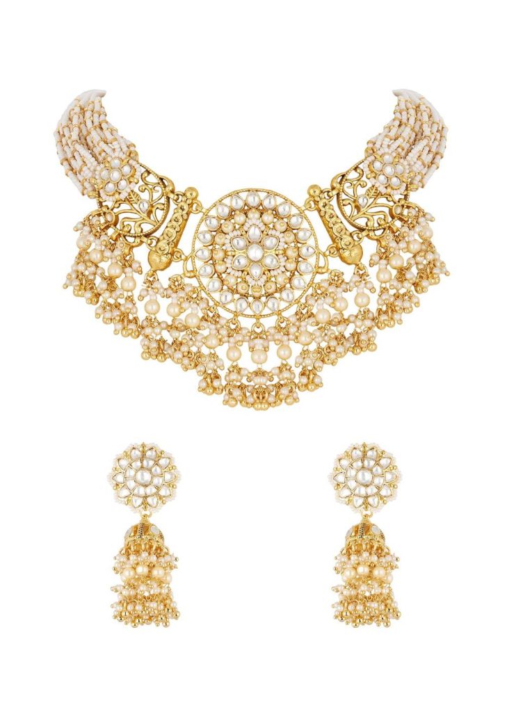 Gold Finish Choker Necklace Set In Mix Metal With Traditional Kundan Style And White Simulated Stones And Cluster Faux Pearl Fringe