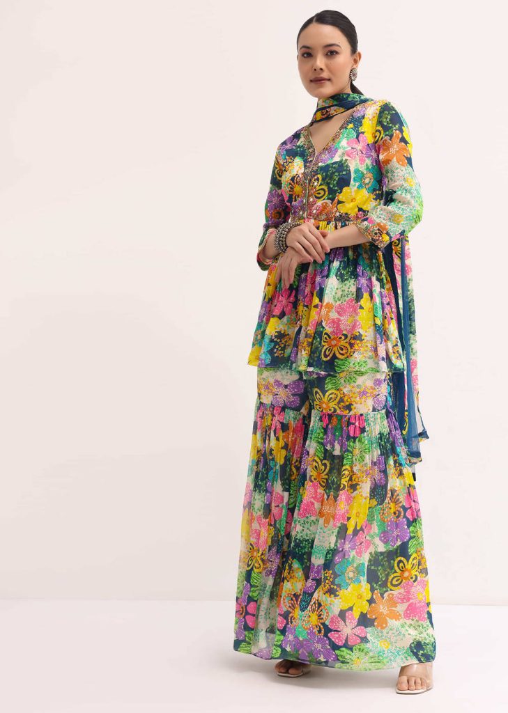 Blue Printed Chiffon Kurta Sharara Set

