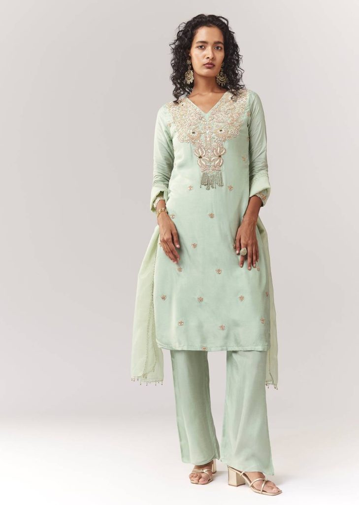 Pista Green Zardosi And Moti Work Kurta Palazzo Set With Dupatta