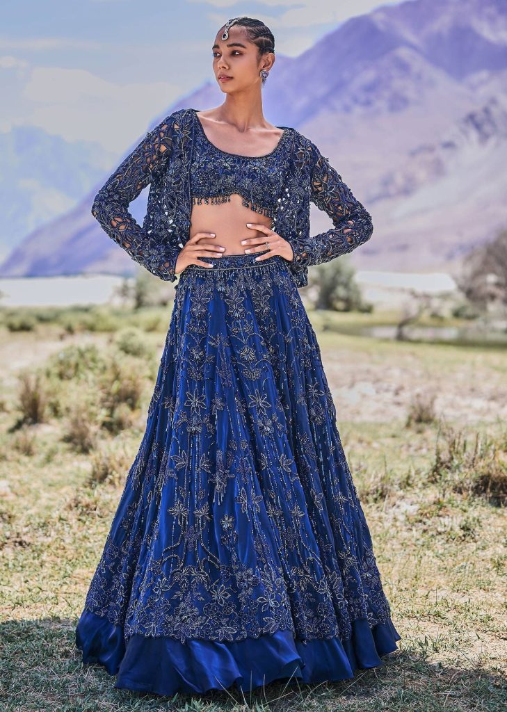 Blue Embroidered 10 Kali Lehenga With Blouse And Jacket

