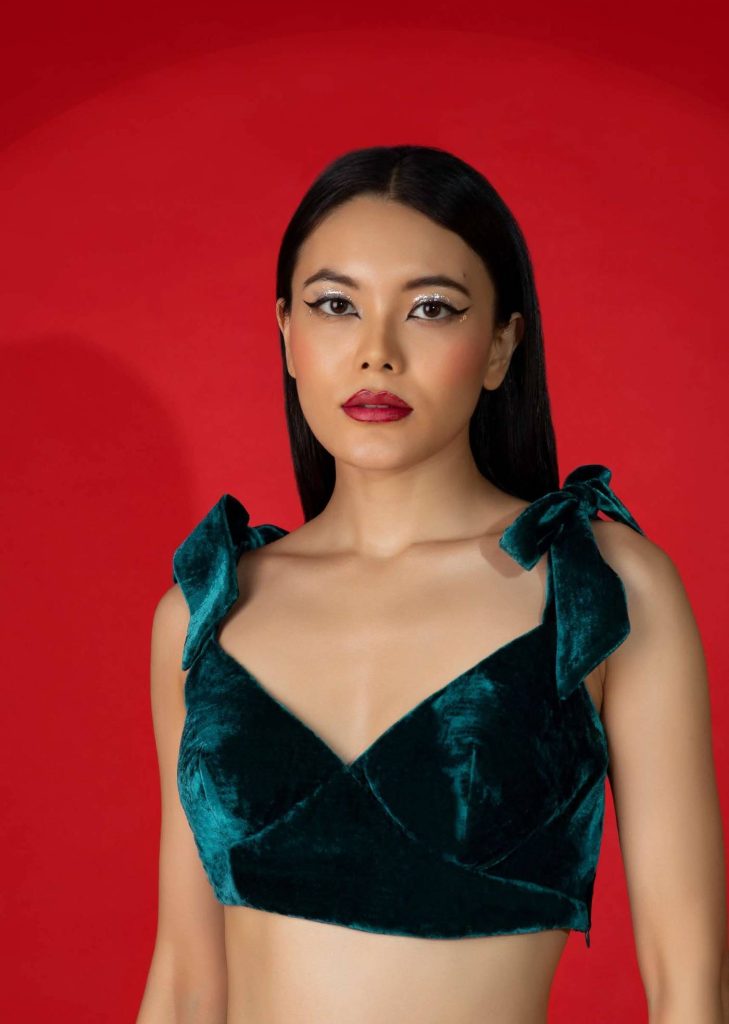 Teal Blue Velvet Blouse With Tie Up Straps On The Shoulder