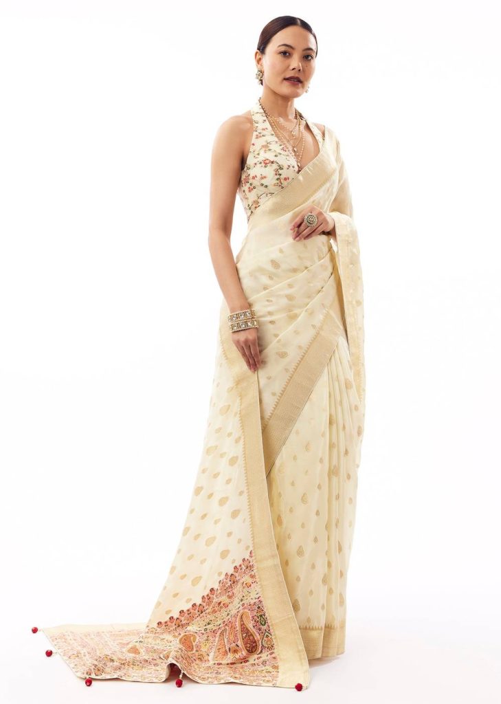 Off-White Dola Silk Woven Saree With Golden Butti And Multicolour Brocade Jaal Pallu


