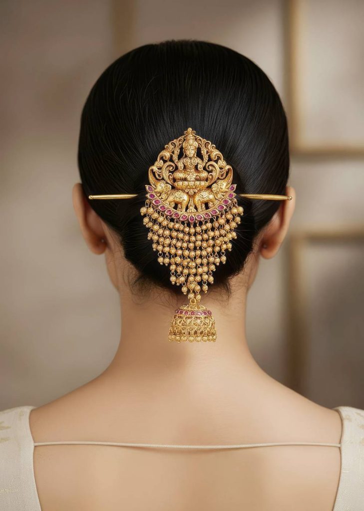 Gold Finish Hair Pin With Temple Style Motifs And Pink Simulated Stones