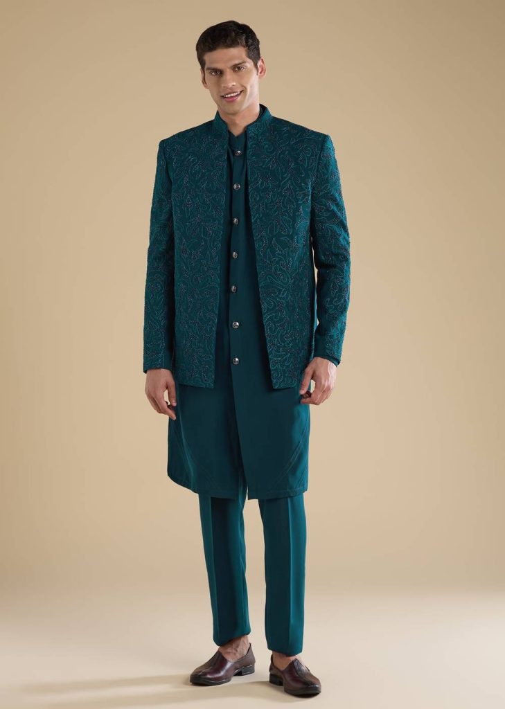 Blue Embellished Jodhpuri Set With Kurta And Pants
