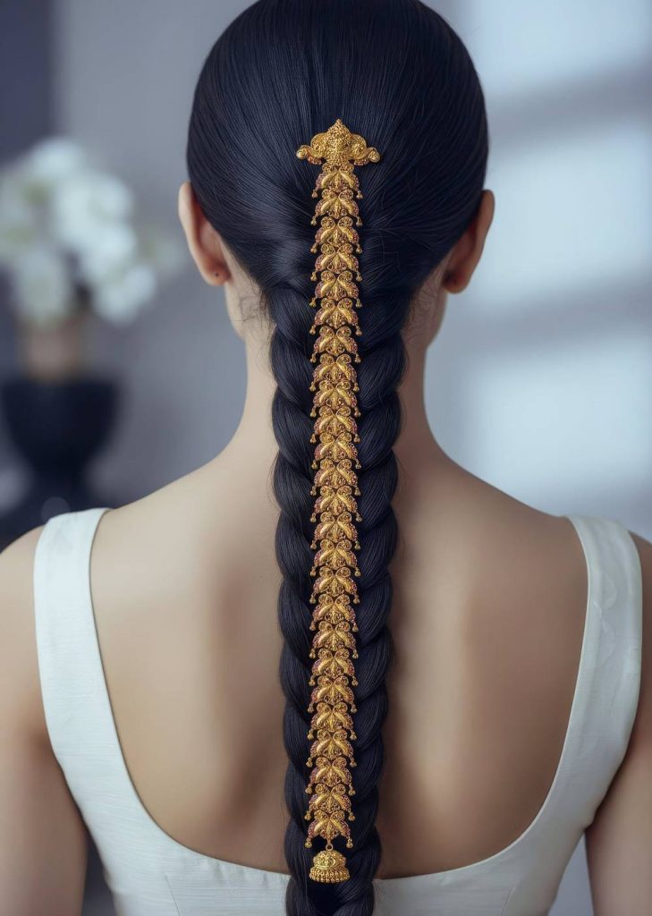 Gold Finish Hair Pin With Temple Style Motifs And Pink and Green Simulated Stones