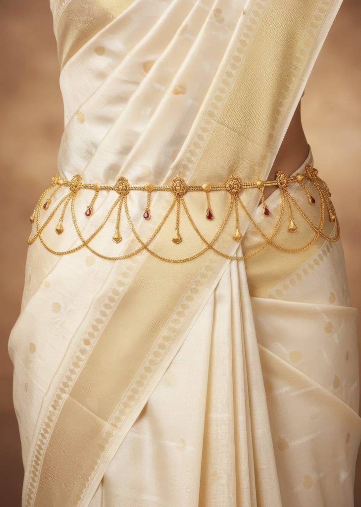 Gold Finish Waist Belt With Temple Style Motifs And Red Simulated Stones