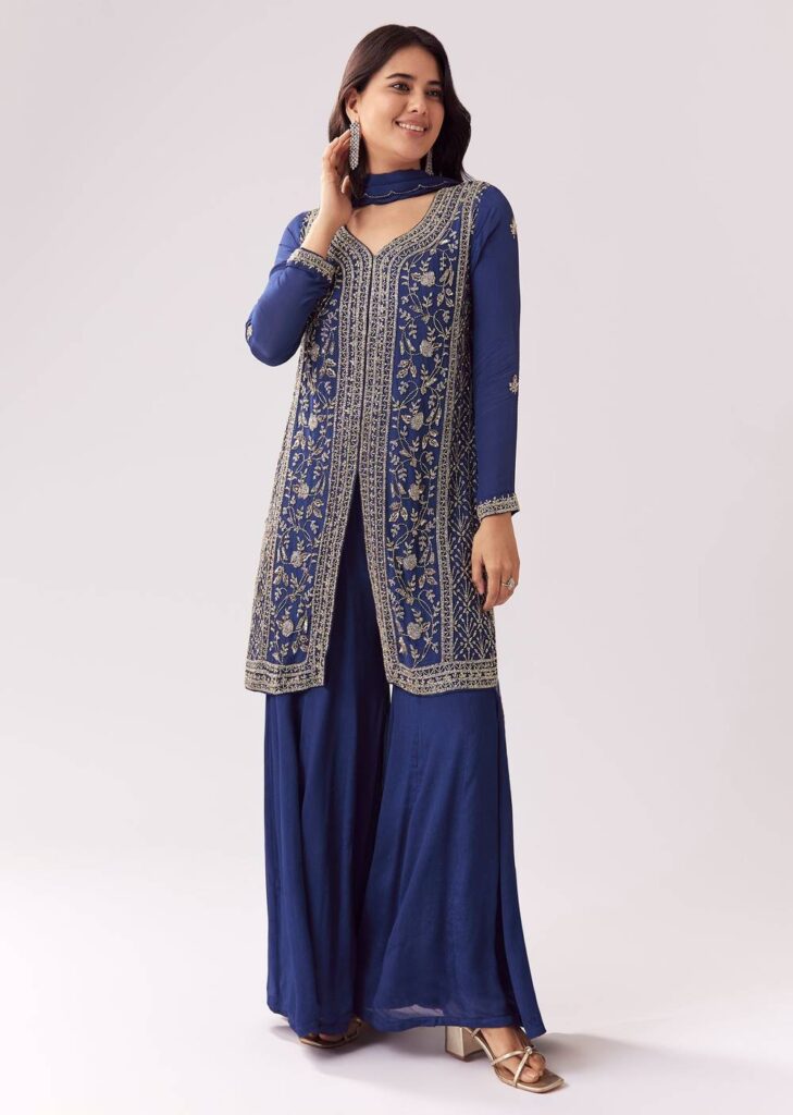 Blue Chinon Palazzo Suit With Cutdana Beadwork And Sweetheart Neckline

