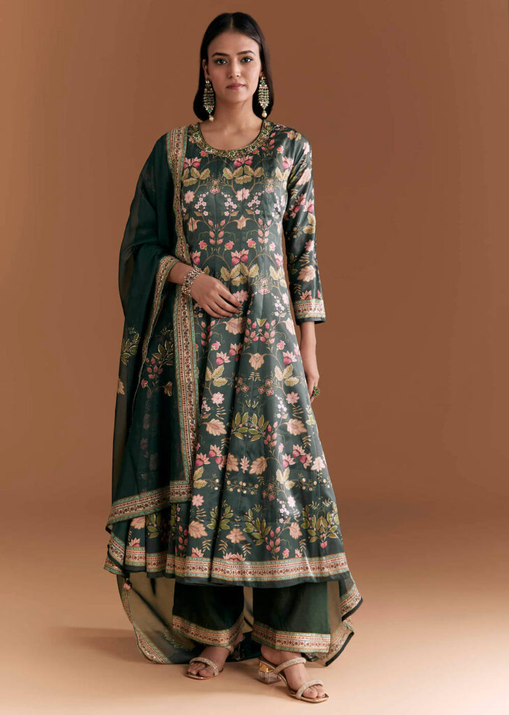 Dark Green Silk Anarkali Suit With Floral Print
