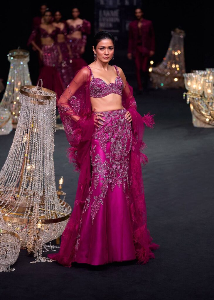 Wine Embellished Fish Cut Skirt And Feathered Cape Set

