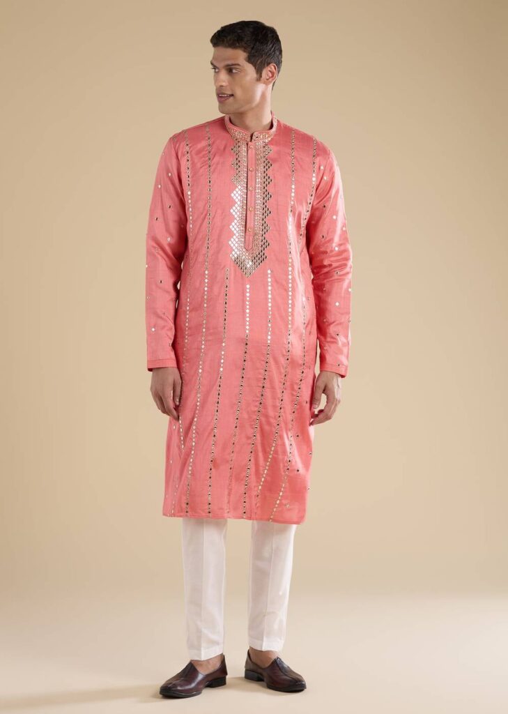 Peach Embroidered Kurta Set For Men

