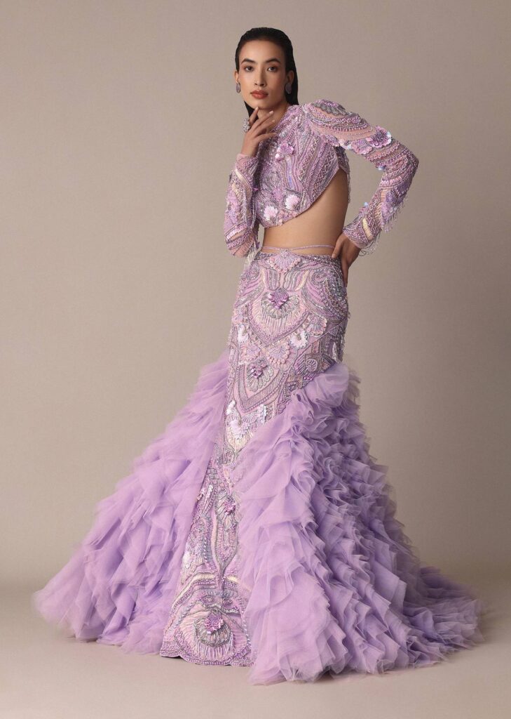 Lavender 3D Ruffle Fish Cut Skirt And Crystal Blouse Set

