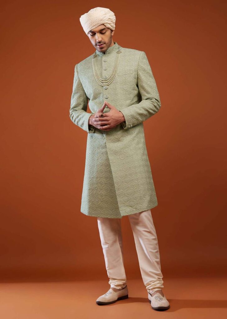 Pista Green Embroidered Sherwani Set In Tussar Silk
