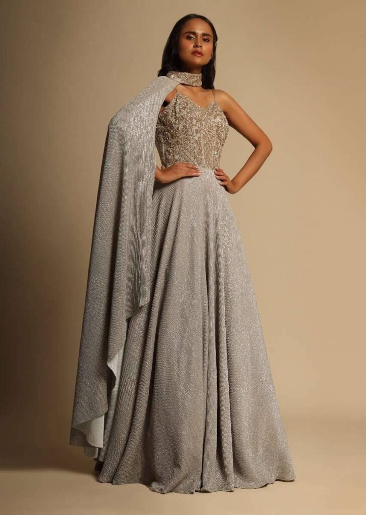 Champagne Gown With Embellished Sweetheart Cut Bodice And Spaghetti Straps 