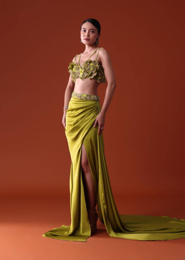 Lime Green Zardosi Draped Slit Skirt With 3D Multi Strap Blouse

