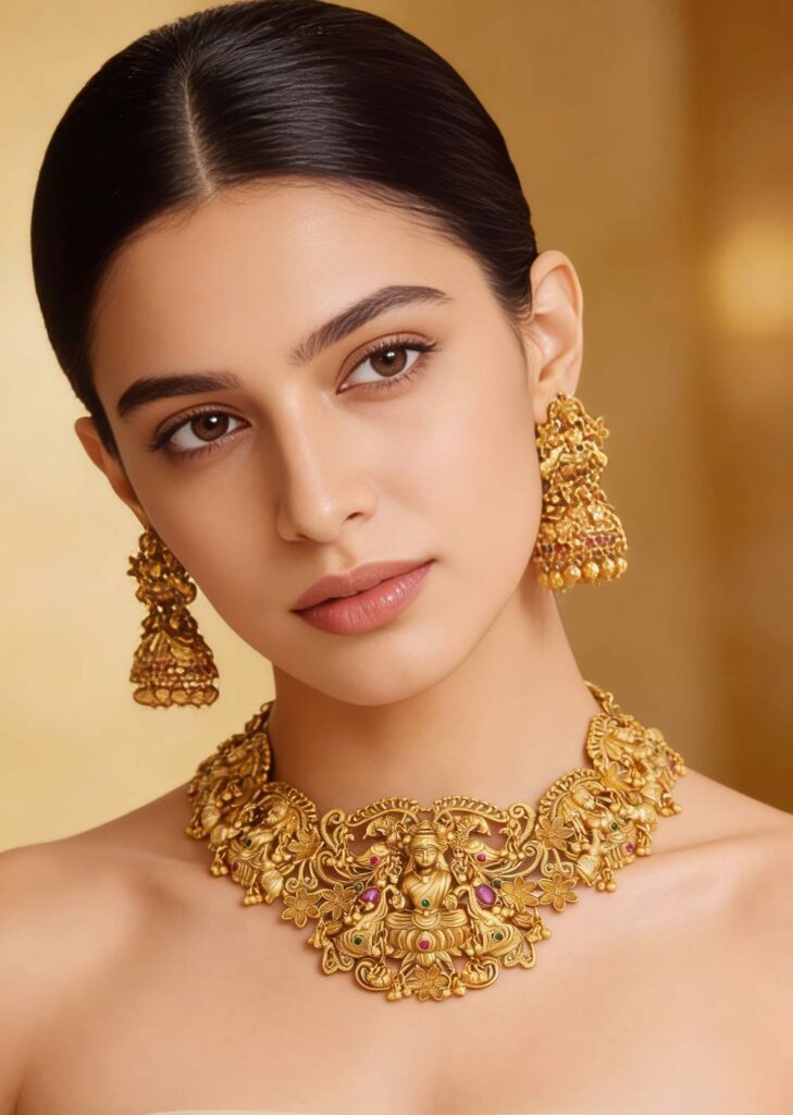 Gold Finish Temple Style Necklace Set With Green and Pink Simulated Stones

