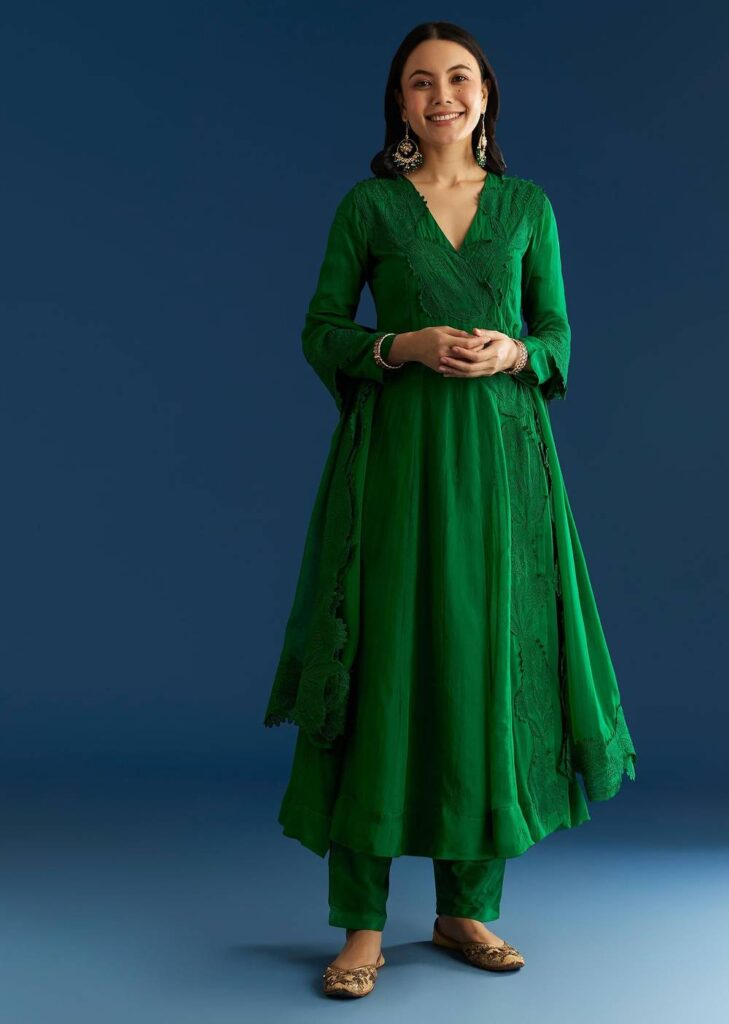 Green Angrakha Style Anarkali Suit With Resham Work

