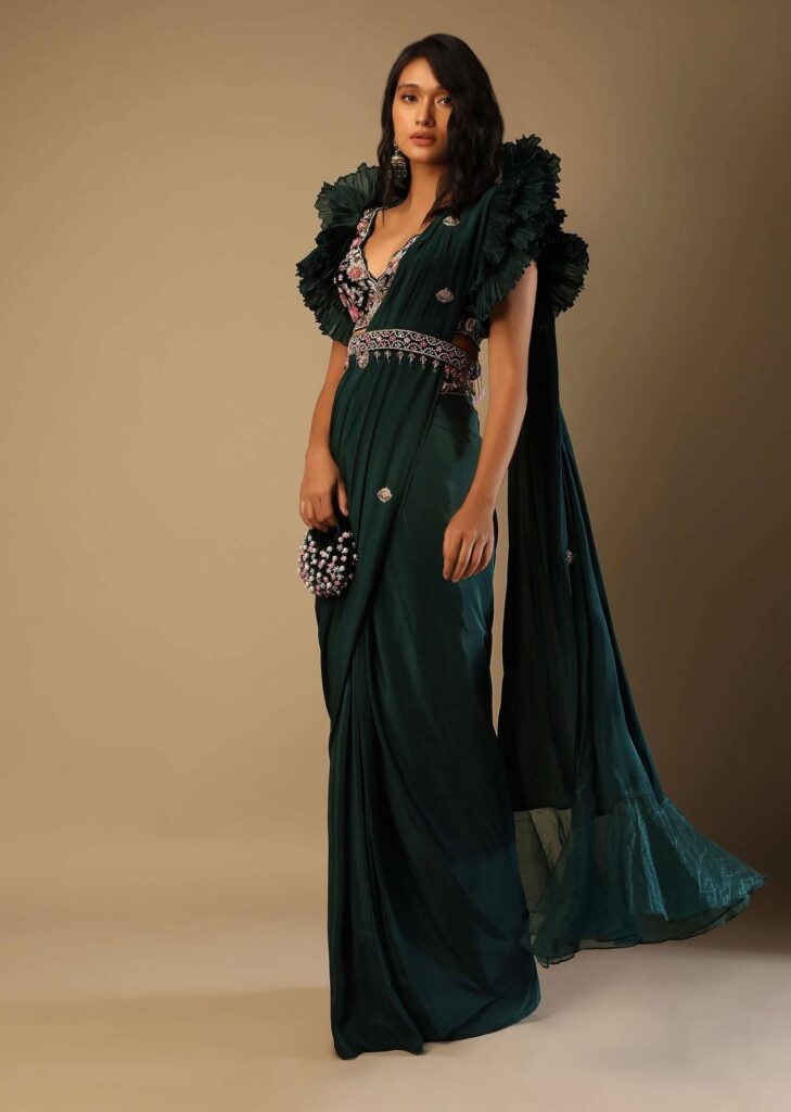 Bottle Green Readymade Saree With A Colorful Hand Embroidered Blouse