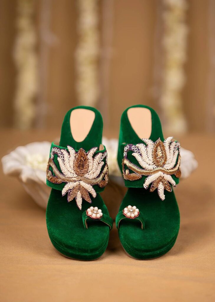 Green Hand Embellished Velvet Wedges

