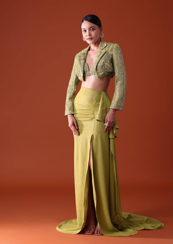 Citrus Green Draped Slit Skirt With Embroidered Short Jacket

