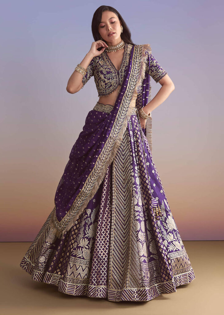 Purple Brocade Silk Bridesmaid Lehenga With Zardosi Work
