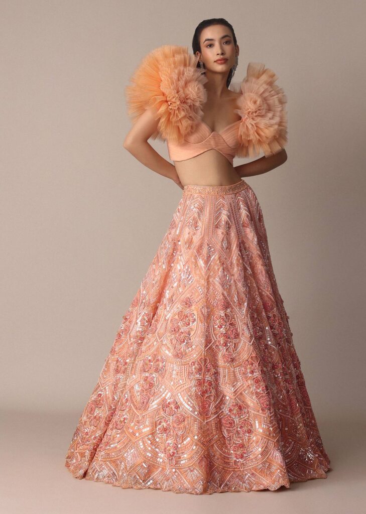 Peach Organza Embroidered Lehenga Set With Floral Ruffle Blouse

