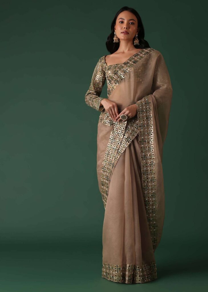 Onion Pink Foil Printed Saree And Blouse In Organza

