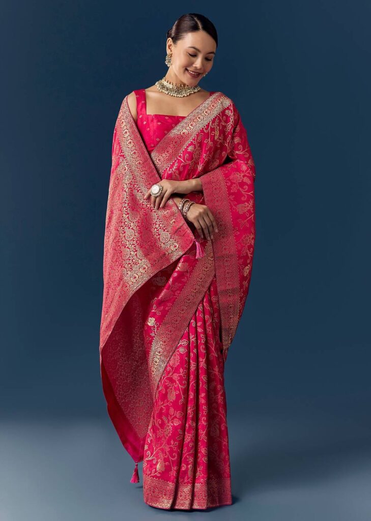 Rani Pink Dola Silk Saree with Floral Jaal Weave

