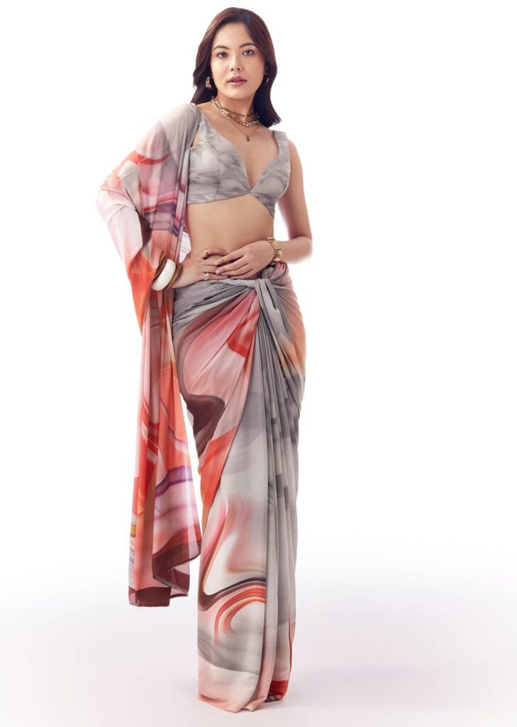 Light Grey Georgette Saree With Multicolour Abstract Print

