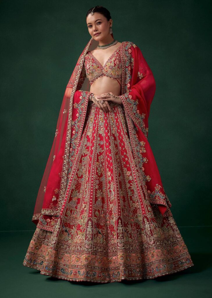 Red Silk Bridal Lehenga Set wit Zari Work