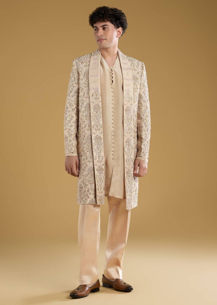 Gold Tissue Sherwani With Zari Cut Dana And Sequins Work

