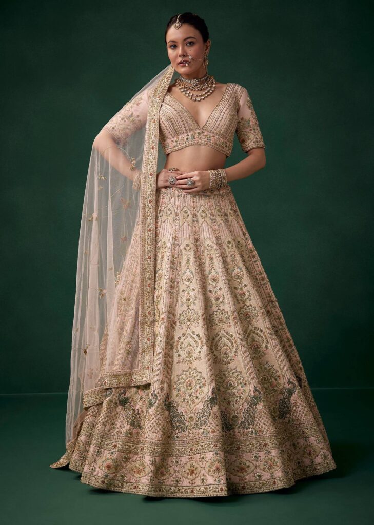 Baby Pink Stone Embroidered Bridal Lehenga Set