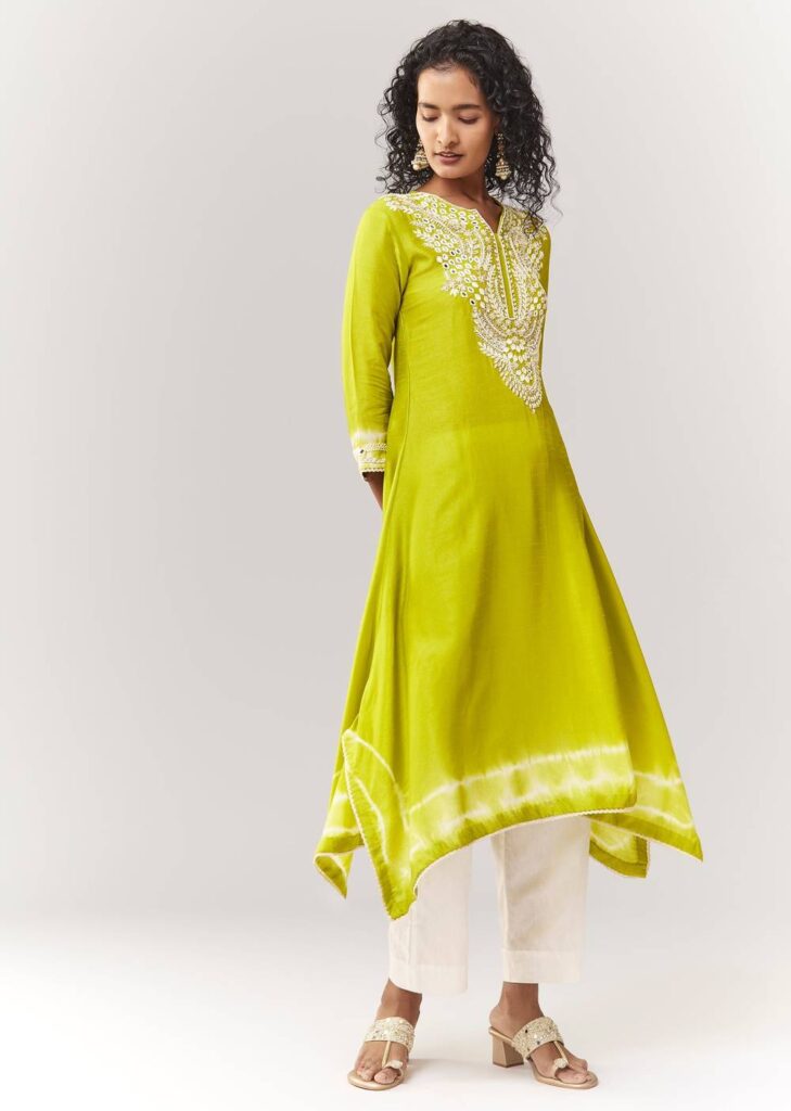 Lime Green Asymmetric A line Kurta Coord With Mirror And Sequin Work

